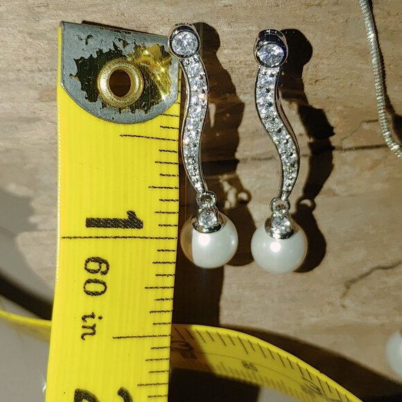 Necklace Earring Set 925 Sterling Silver 18 inch Faux Pearl Cubic Zirconia - Picture 12 of 13